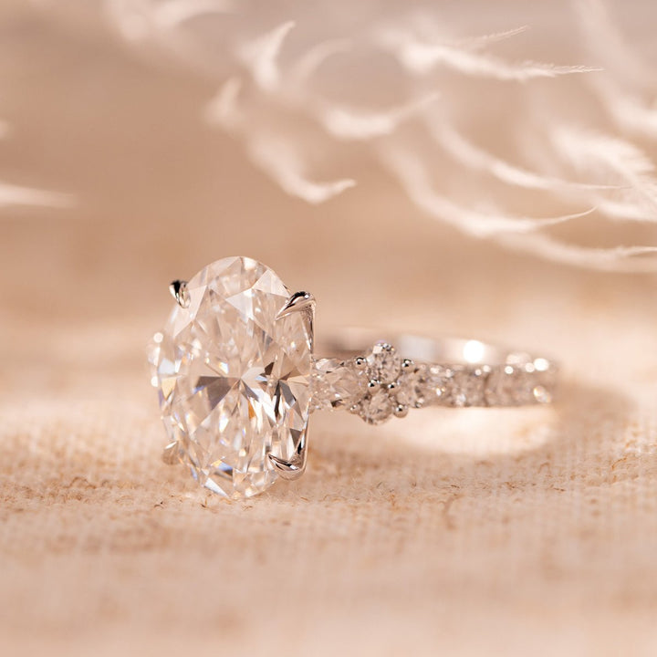 18K White Gold 3.5ct Oval Lab Diamond Vintage Ring with Millegrain and Lab Diamond Side - stones Pave - FIORESE JEWELRY