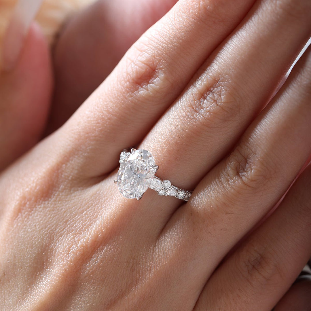 18K White Gold 3.5ct Oval Lab Diamond Vintage Ring with Millegrain and Lab Diamond Side - stones Pave - FIORESE JEWELRY
