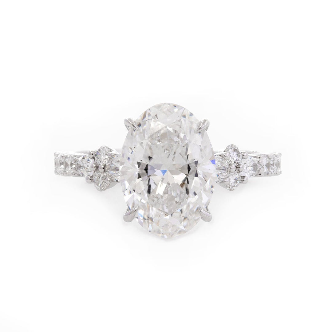 18K White Gold 3.5ct Oval Lab Diamond Vintage Ring with Millegrain and Lab Diamond Side - stones Pave - FIORESE JEWELRY
