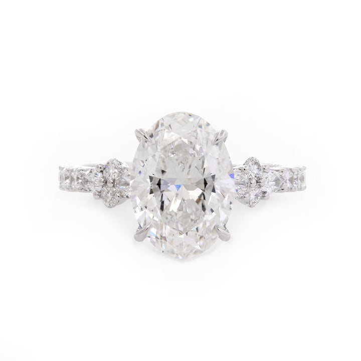 18K White Gold 3.5ct Oval Lab Diamond Vintage Ring with Millegrain and Lab Diamond Side - stones Pave - FIORESE JEWELRY
