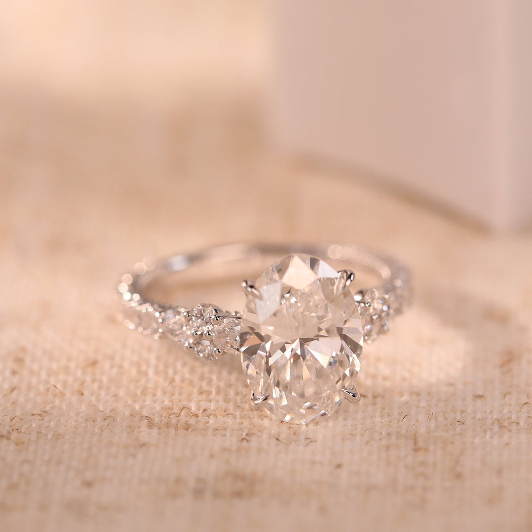 18K White Gold 3.5ct Oval Lab Diamond Vintage Ring with Millegrain and Lab Diamond Side - stones Pave - FIORESE JEWELRY
