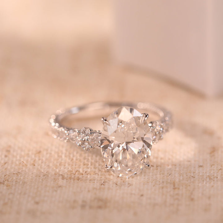 18K White Gold 3.5ct Oval Lab Diamond Vintage Ring with Millegrain and Lab Diamond Side - stones Pave - FIORESE JEWELRY