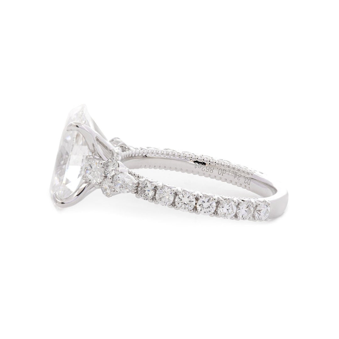 18K White Gold 3.5ct Oval Lab Diamond Vintage Ring with Millegrain and Lab Diamond Side - stones Pave - FIORESE JEWELRY