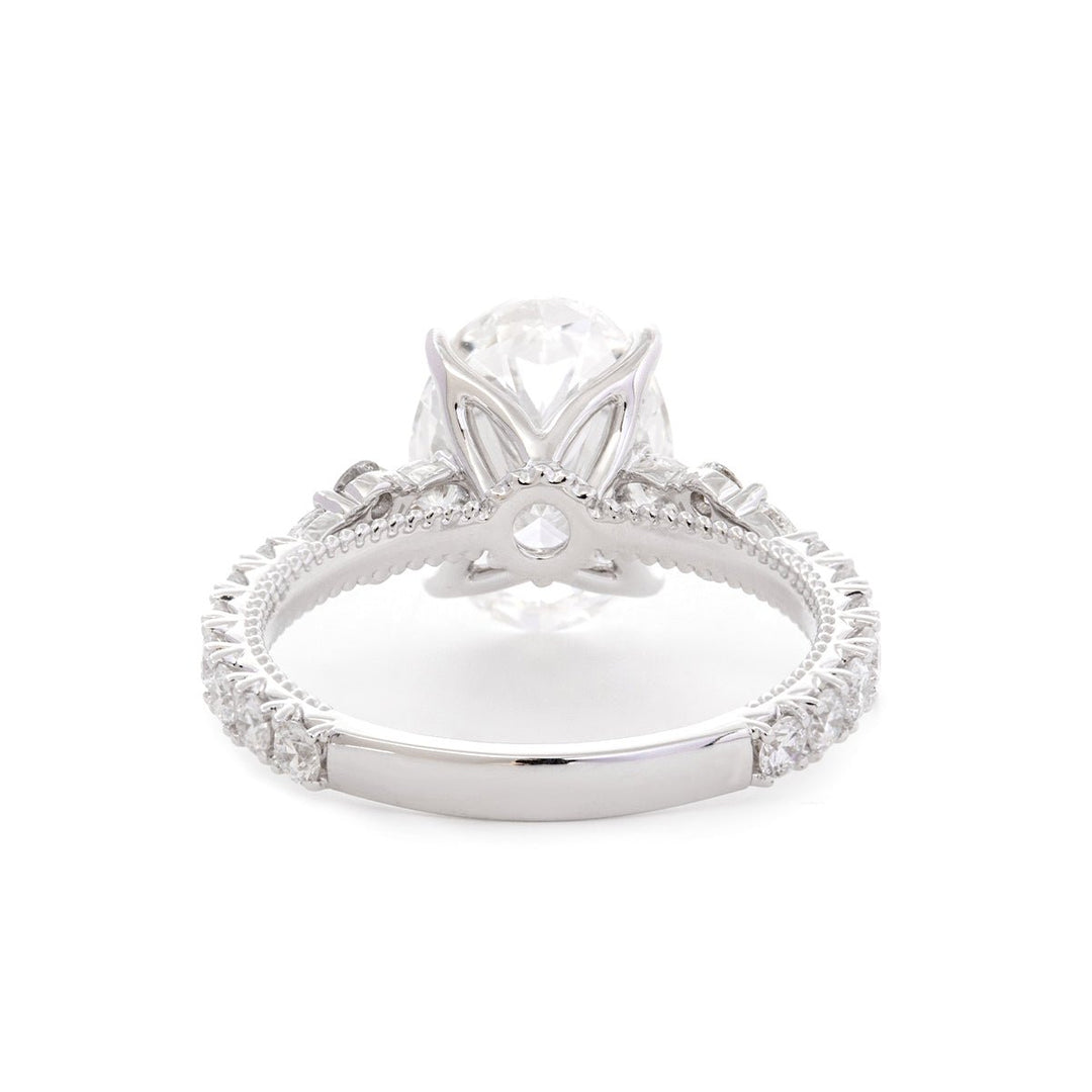 18K White Gold 3.5ct Oval Lab Diamond Vintage Ring with Millegrain and Lab Diamond Side - stones Pave - FIORESE JEWELRY