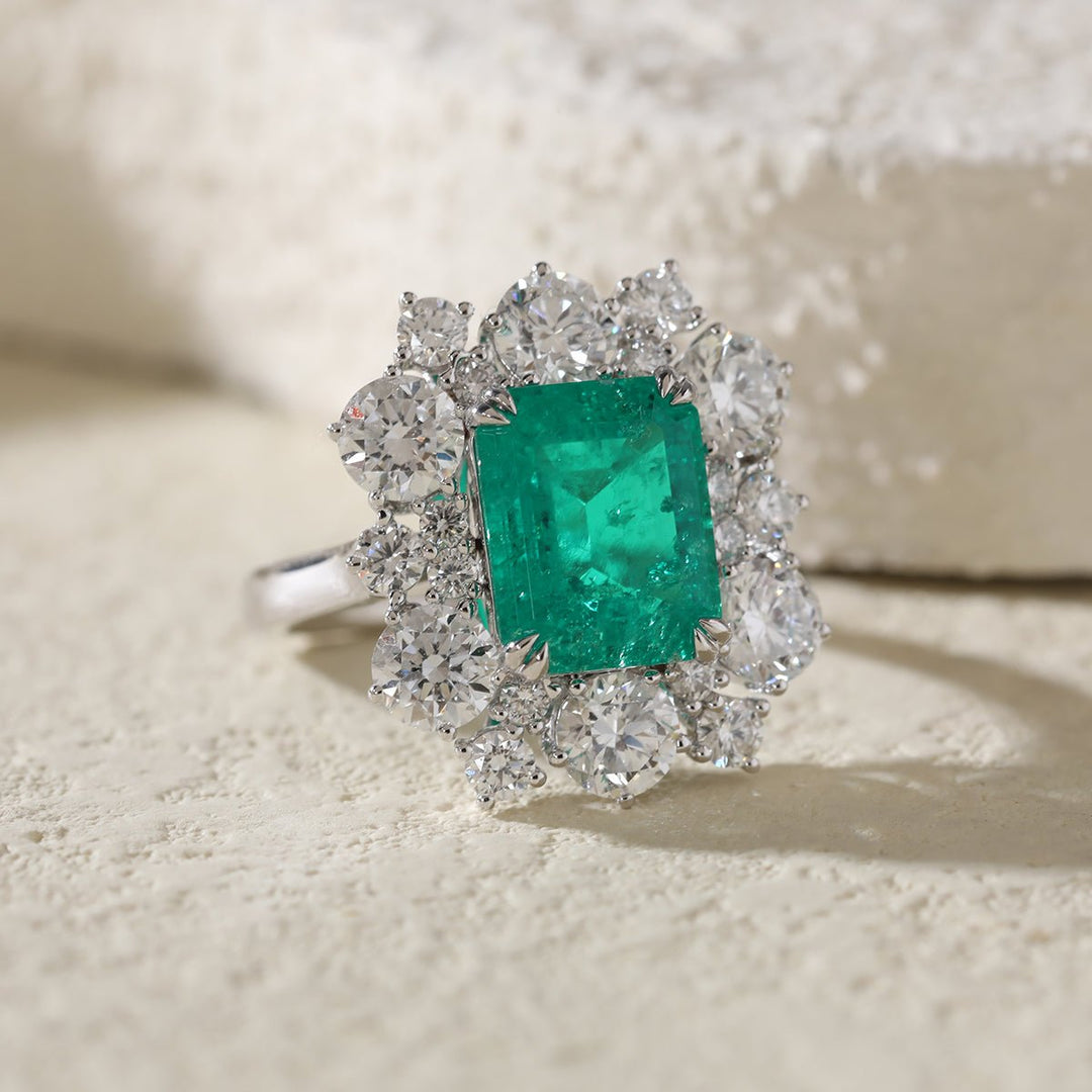 18K White Gold 3ct Colombian Lab Emerald Double Claw Prongs Halo Engagement Ring - FIORESE JEWELRY