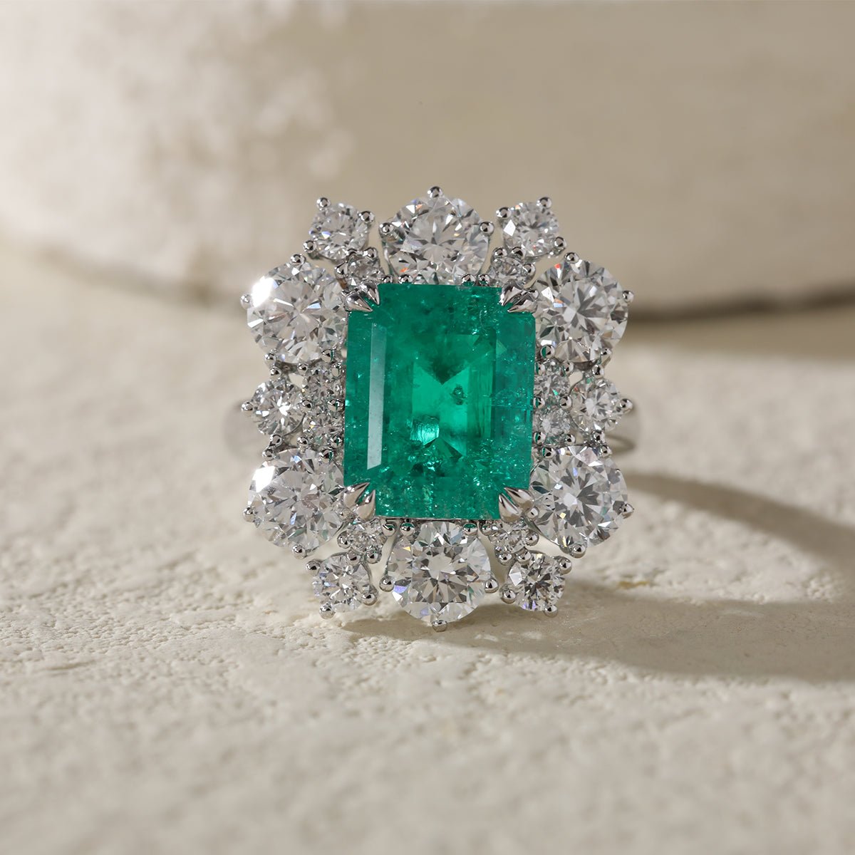 18K White Gold 3ct Colombian Lab Emerald Double Claw Prongs Halo Engagement Ring