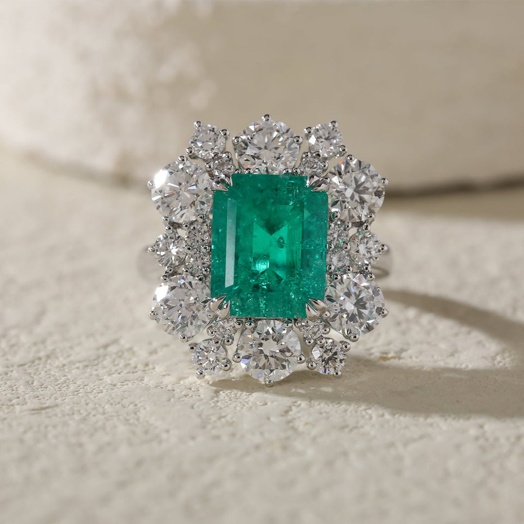 18K White Gold 3ct Colombian Lab Emerald Double Claw Prongs Halo Engagement Ring - FIORESE JEWELRY
