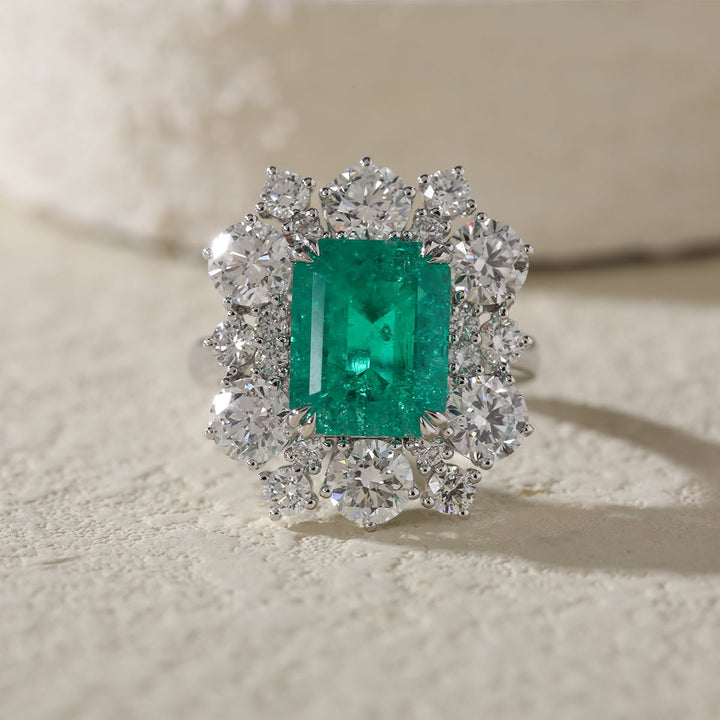 18K White Gold 3ct Colombian Lab Emerald Double Claw Prongs Halo Engagement Ring - FIORESE JEWELRY