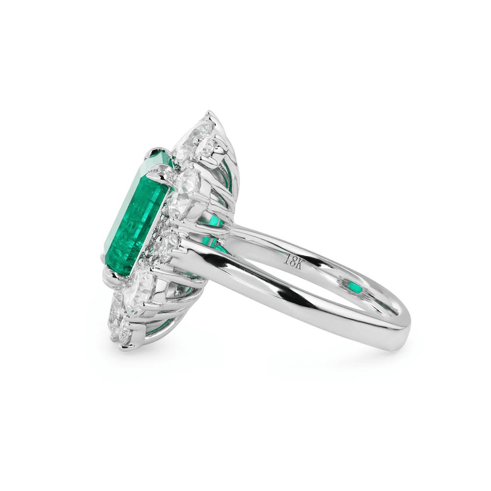 18K White Gold 3ct Colombian Lab Emerald Double Claw Prongs Halo Engagement Ring - FIORESE JEWELRY