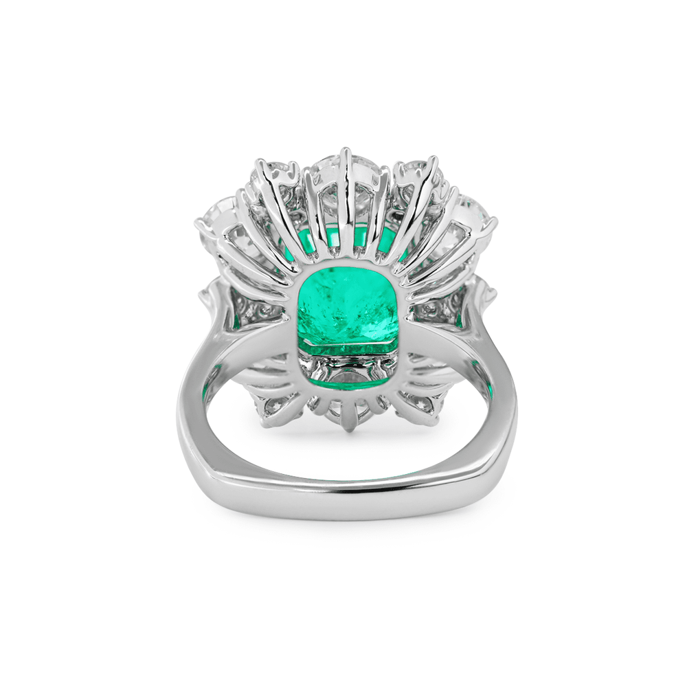 18K White Gold 3ct Colombian Lab Emerald Double Claw Prongs Halo Engagement Ring - FIORESE JEWELRY