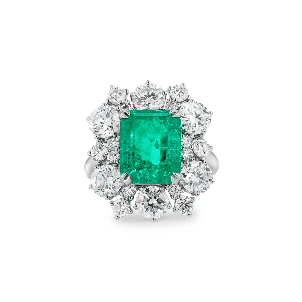 18K White Gold 3ct Colombian Lab Emerald Double Claw Prongs Halo Engagement Ring - FIORESE JEWELRY