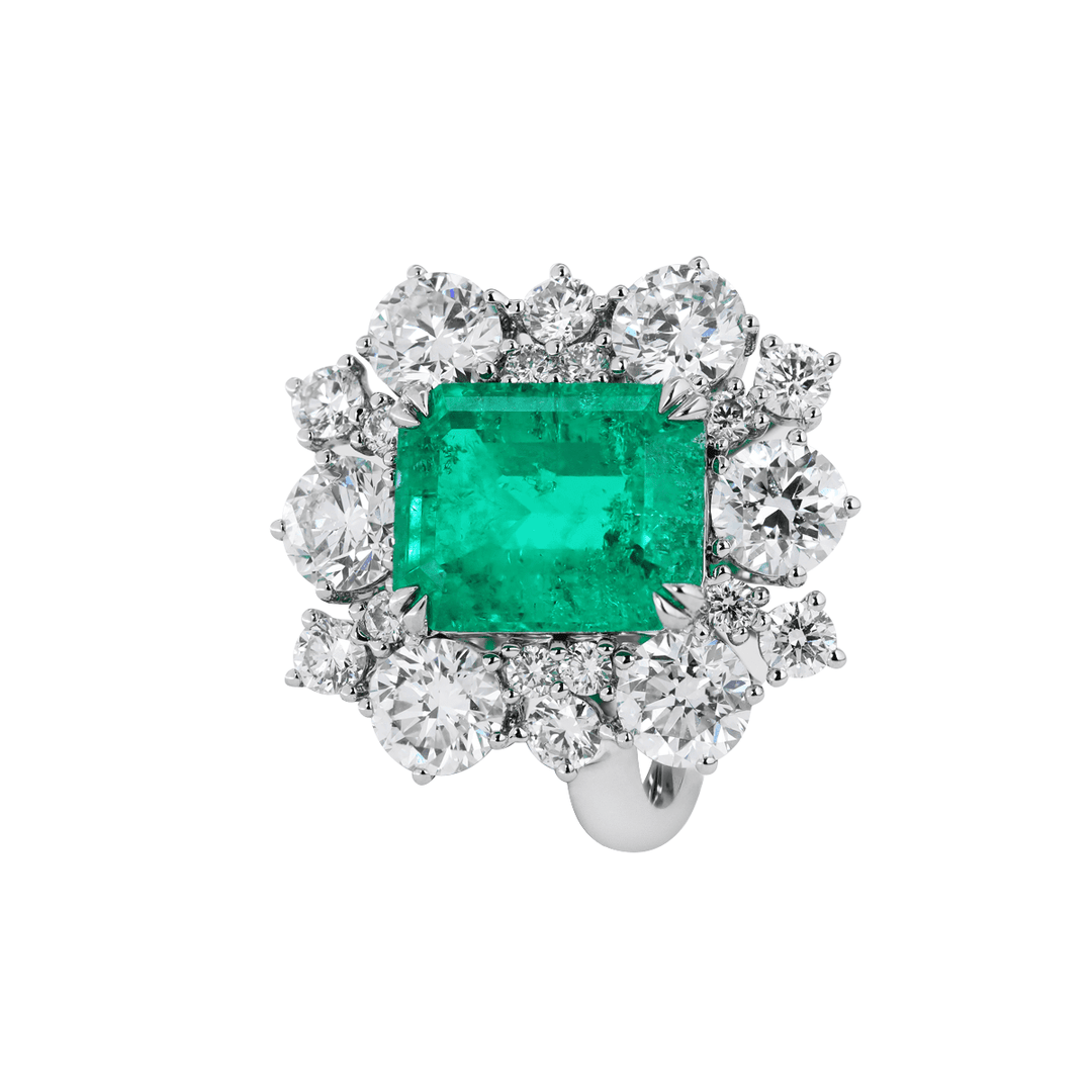 18K White Gold 3ct Colombian Lab Emerald Double Claw Prongs Halo Engagement Ring - FIORESE JEWELRY