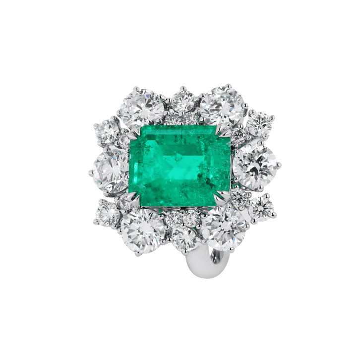 18K White Gold 3ct Colombian Lab Emerald Double Claw Prongs Halo Engagement Ring - FIORESE JEWELRY