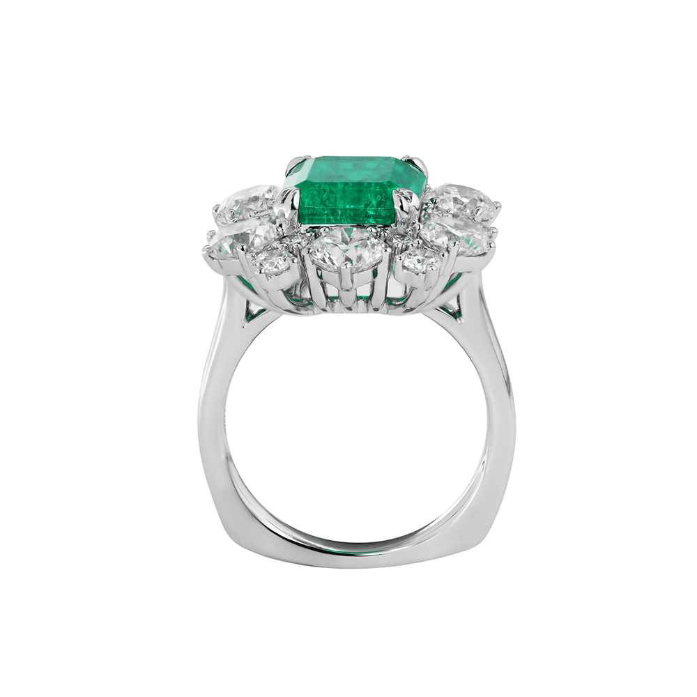18K White Gold 3ct Colombian Lab Emerald Double Claw Prongs Halo Engagement Ring - FIORESE JEWELRY
