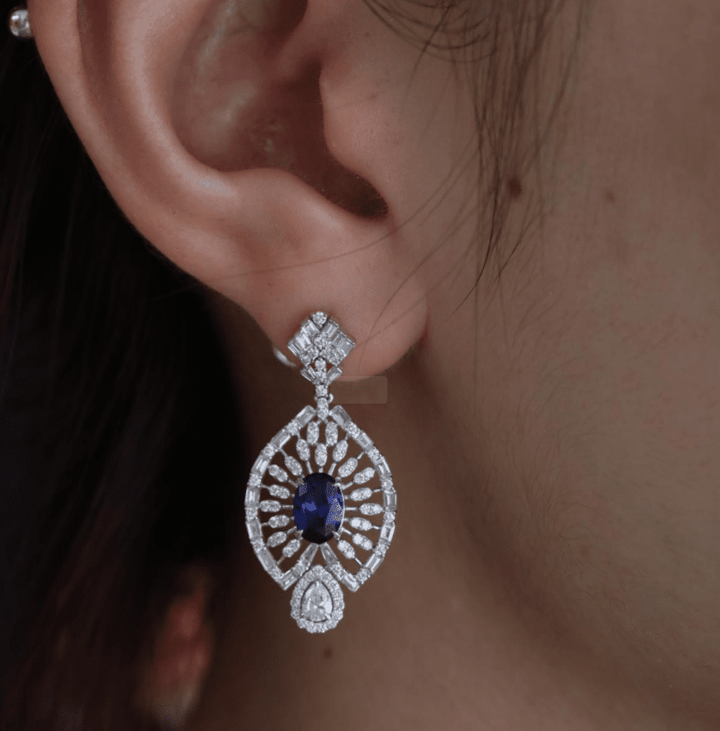 18K White Gold 7*5mm Oval Royal Blue Lab Sapphire and Lab Diamond Victorian Peacock Plume Chandelier Earrings - FIORESE JEWELRY
