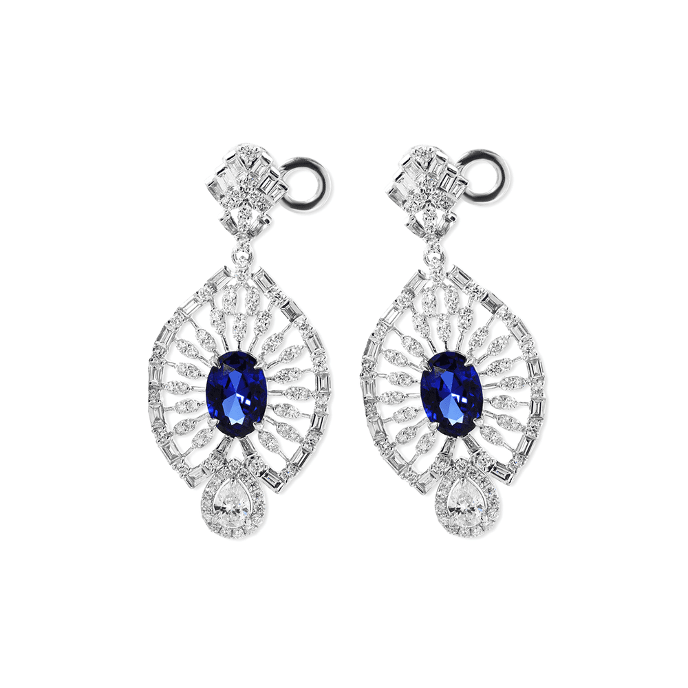 18K White Gold 7*5mm Oval Royal Blue Lab Sapphire and Lab Diamond Victorian Peacock Plume Chandelier Earrings - FIORESE JEWELRY