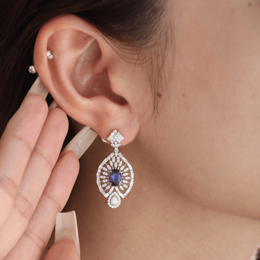 18K White Gold 7*5mm Oval Royal Blue Lab Sapphire and Lab Diamond Victorian Peacock Plume Chandelier Earrings - FIORESE JEWELRY