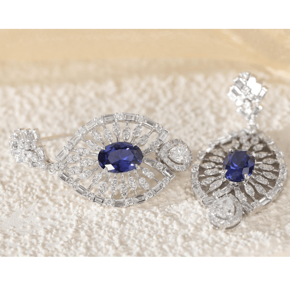 18K White Gold 7*5mm Oval Royal Blue Lab Sapphire and Lab Diamond Victorian Peacock Plume Chandelier Earrings - FIORESE JEWELRY