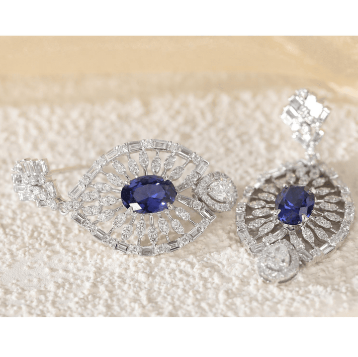 18K White Gold 7*5mm Oval Royal Blue Lab Sapphire and Lab Diamond Victorian Peacock Plume Chandelier Earrings - FIORESE JEWELRY