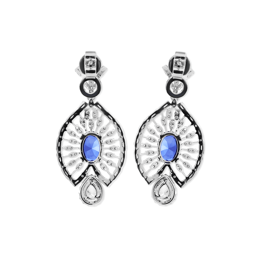 18K White Gold 7*5mm Oval Royal Blue Lab Sapphire and Lab Diamond Victorian Peacock Plume Chandelier Earrings - FIORESE JEWELRY