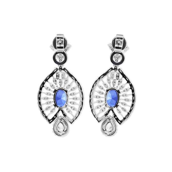 18K White Gold 7*5mm Oval Royal Blue Lab Sapphire and Lab Diamond Victorian Peacock Plume Chandelier Earrings - FIORESE JEWELRY