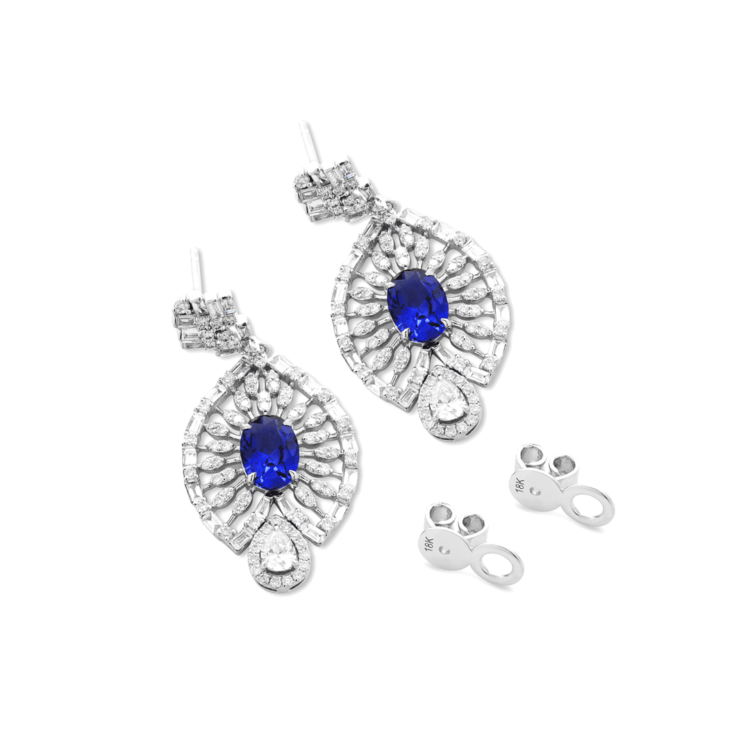 18K White Gold 7*5mm Oval Royal Blue Lab Sapphire and Lab Diamond Victorian Peacock Plume Chandelier Earrings - FIORESE JEWELRY