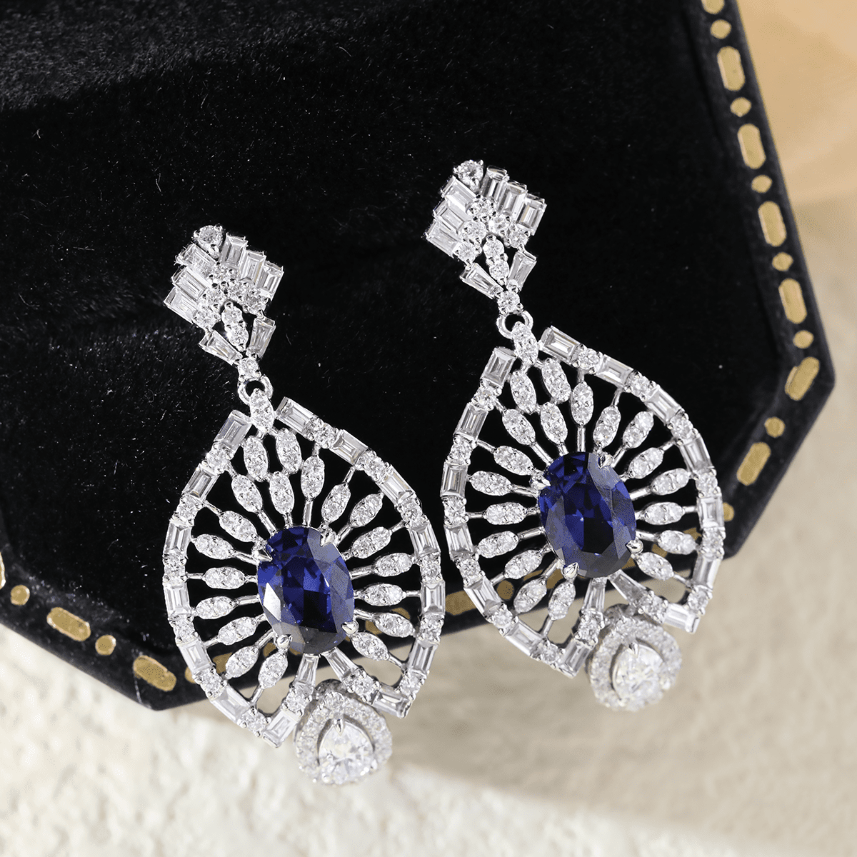 18K White Gold 7*5mm Oval Royal Blue Lab Sapphire and Lab Diamond Victorian Peacock Plume Chandelier Earrings