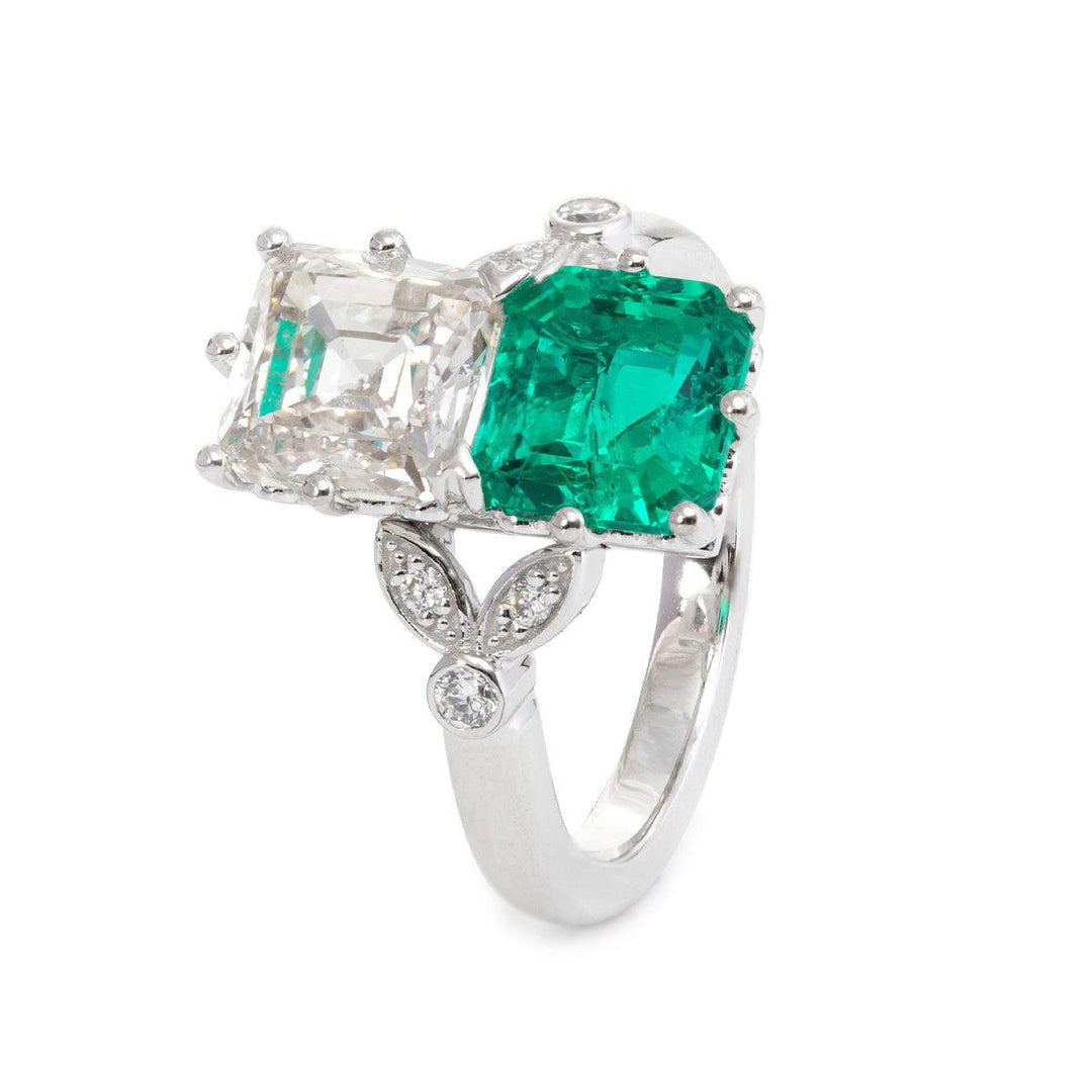 18K White Gold Asscher Cut Lab Emerald & Lab Diamond Toi et Moi Side - stone Cocktail Ring - FIORESE JEWELRY