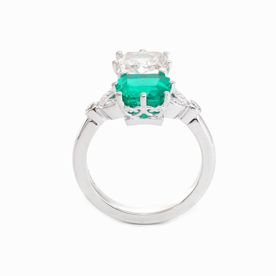 18K White Gold Asscher Cut Lab Emerald &amp; Lab Diamond Toi et Moi Side - stone Cocktail Ring - FIORESE JEWELRY