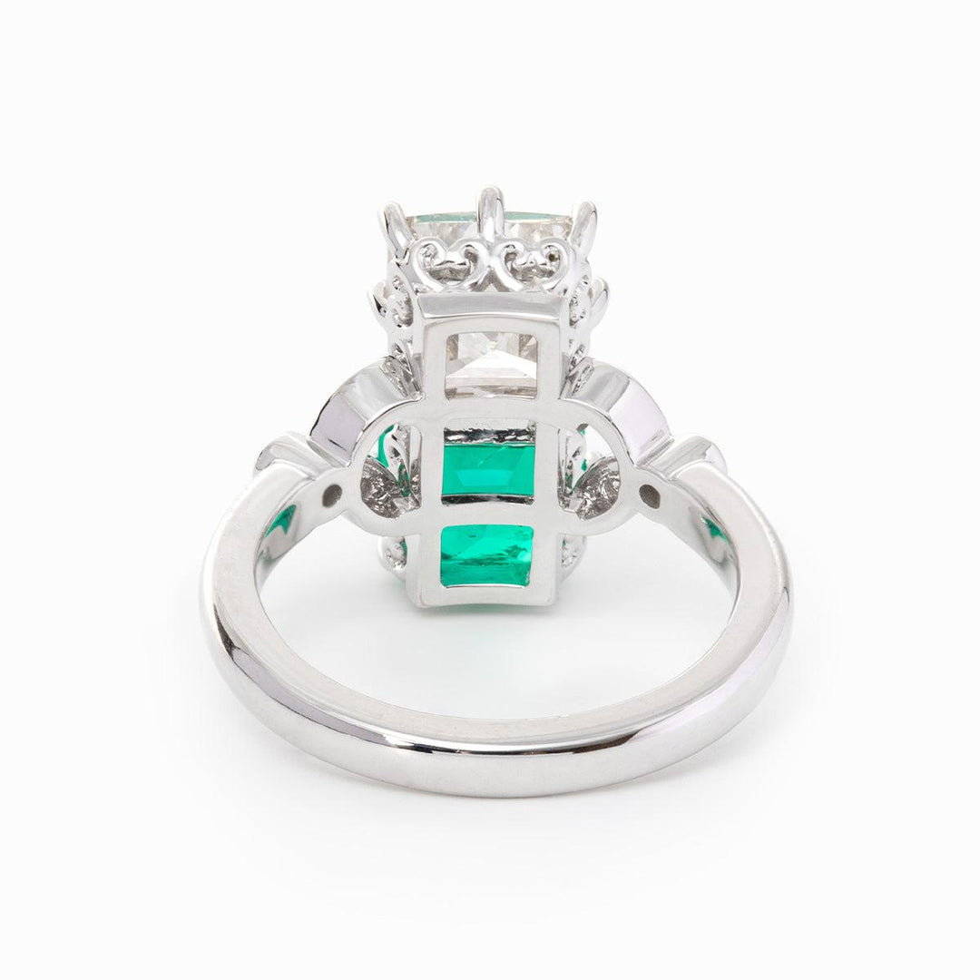 18K White Gold Asscher Cut Lab Emerald &amp; Lab Diamond Toi et Moi Side - stone Cocktail Ring - FIORESE JEWELRY