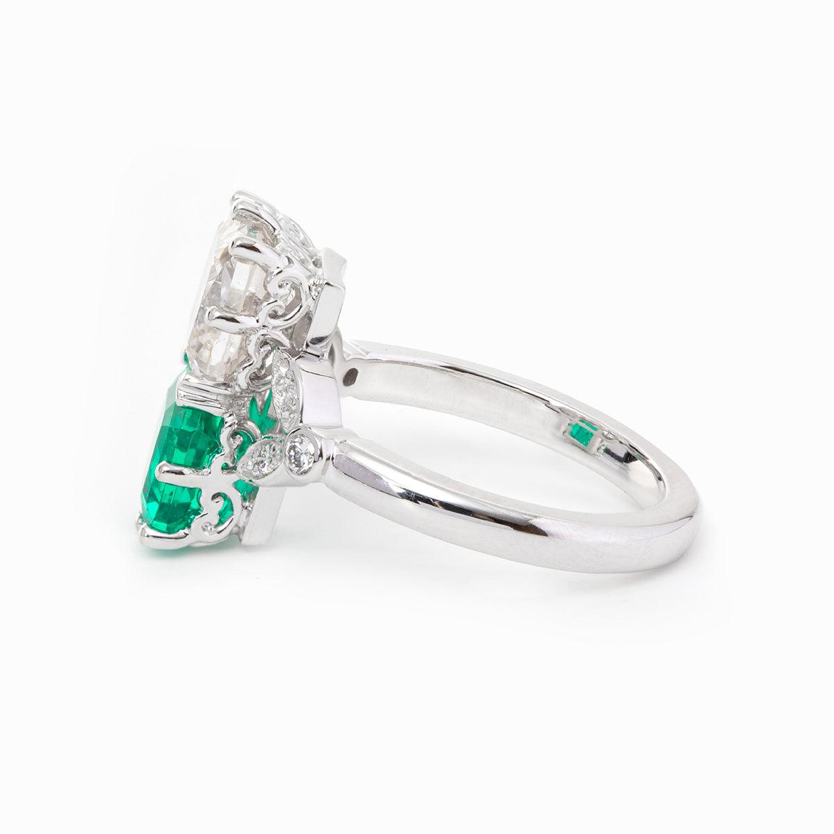 18K White Gold Asscher Cut Lab Emerald & Lab Diamond Toi et Moi Side-stone Cocktail Ring