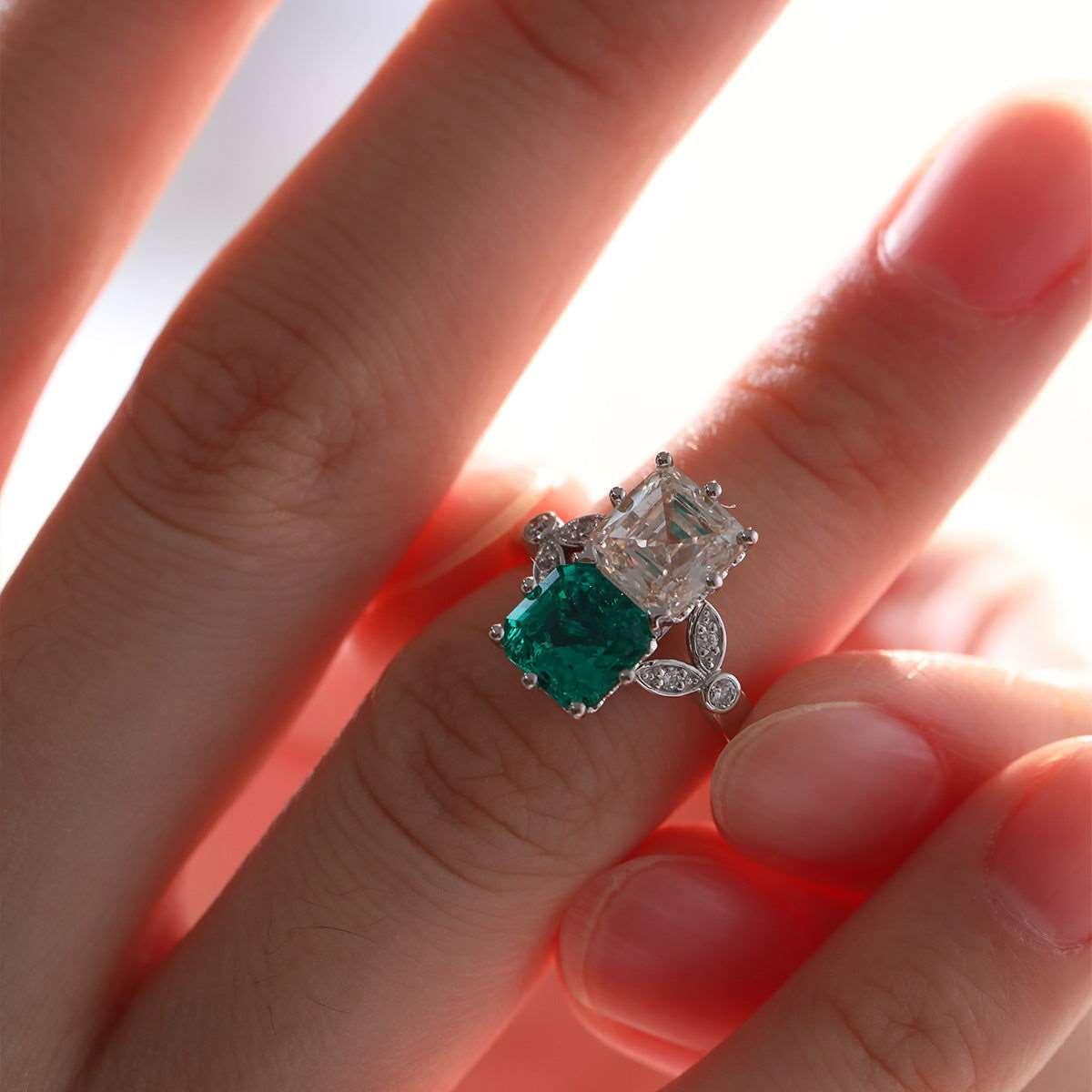 18K White Gold Asscher Cut Lab Emerald & Lab Diamond Toi et Moi Side-stone Cocktail Ring