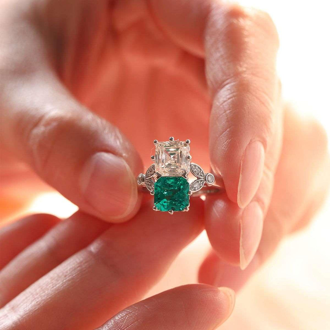 18K White Gold Asscher Cut Lab Emerald &amp; Lab Diamond Toi et Moi Side - stone Cocktail Ring - FIORESE JEWELRY
