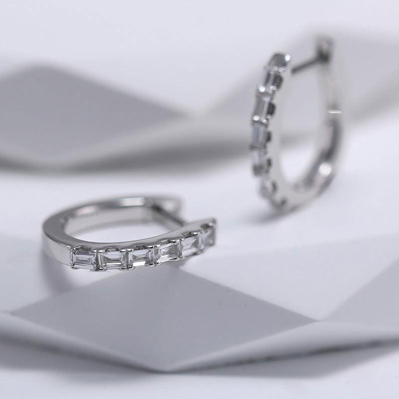 18K White Gold Baguette Cut Lab Diamond Six-stone Huggie Earrings