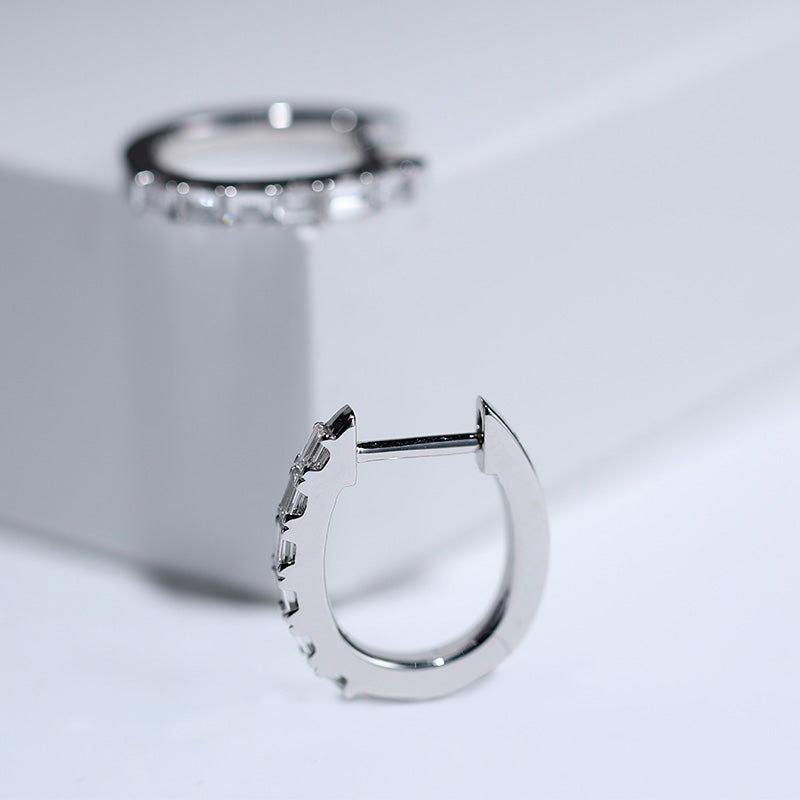 18K White Gold Baguette Cut Lab Diamond Six - stone Huggie Earrings - FIORESE JEWELRY