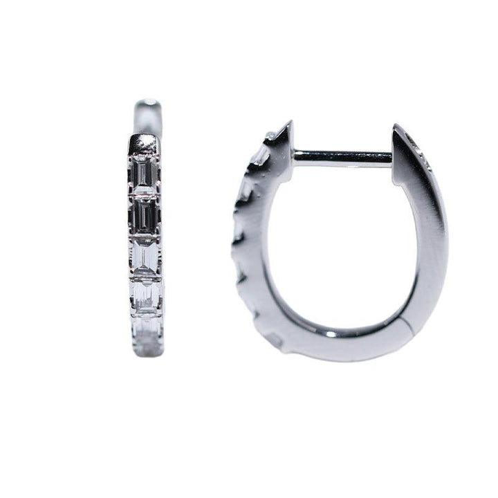 18K White Gold Baguette Cut Lab Diamond Six - stone Huggie Earrings - FIORESE JEWELRY