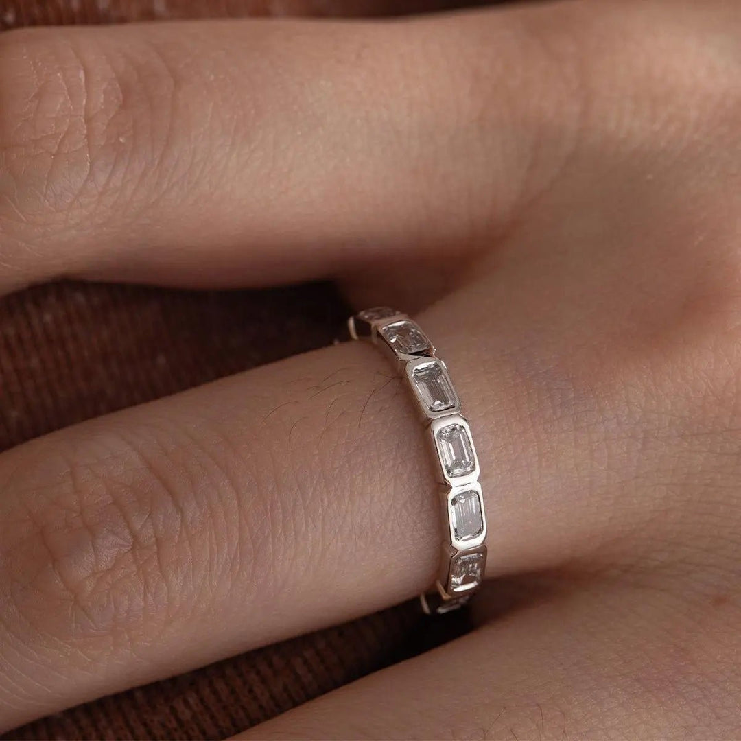 18K White Gold Emerald Cut Lab Diamond Bezel Eternity Ring - FIORESE JEWELRY