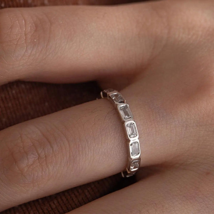 18K White Gold Emerald Cut Lab Diamond Bezel Eternity Ring - FIORESE JEWELRY