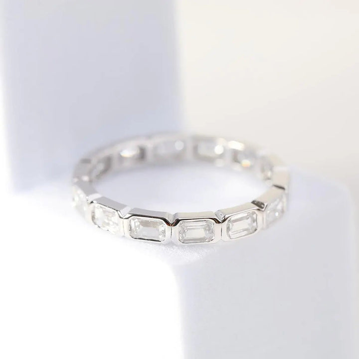 18K White Gold Emerald Cut Lab Diamond Bezel Eternity Ring - FIORESE JEWELRY