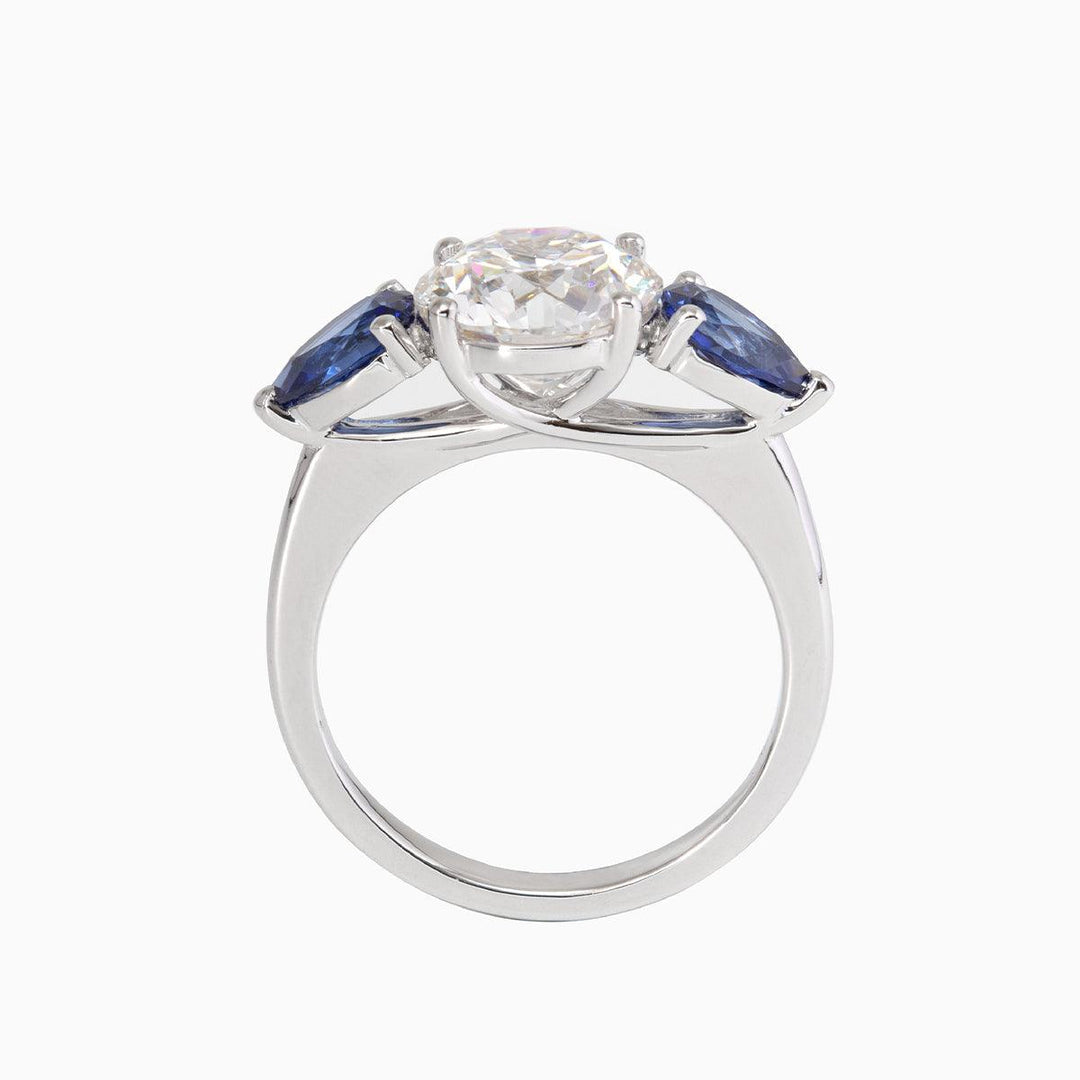 18K White Gold Old European cut Lab Diamond Pear Sapphire Three Stone Ring - FIORESE JEWELRY