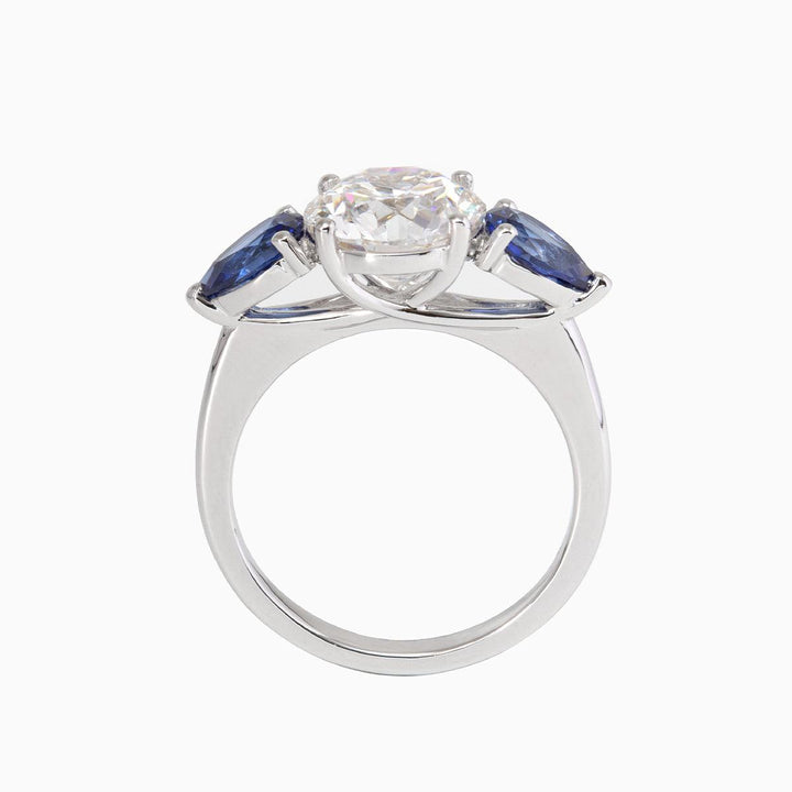 18K White Gold Old European cut Lab Diamond Pear Sapphire Three Stone Ring - FIORESE JEWELRY
