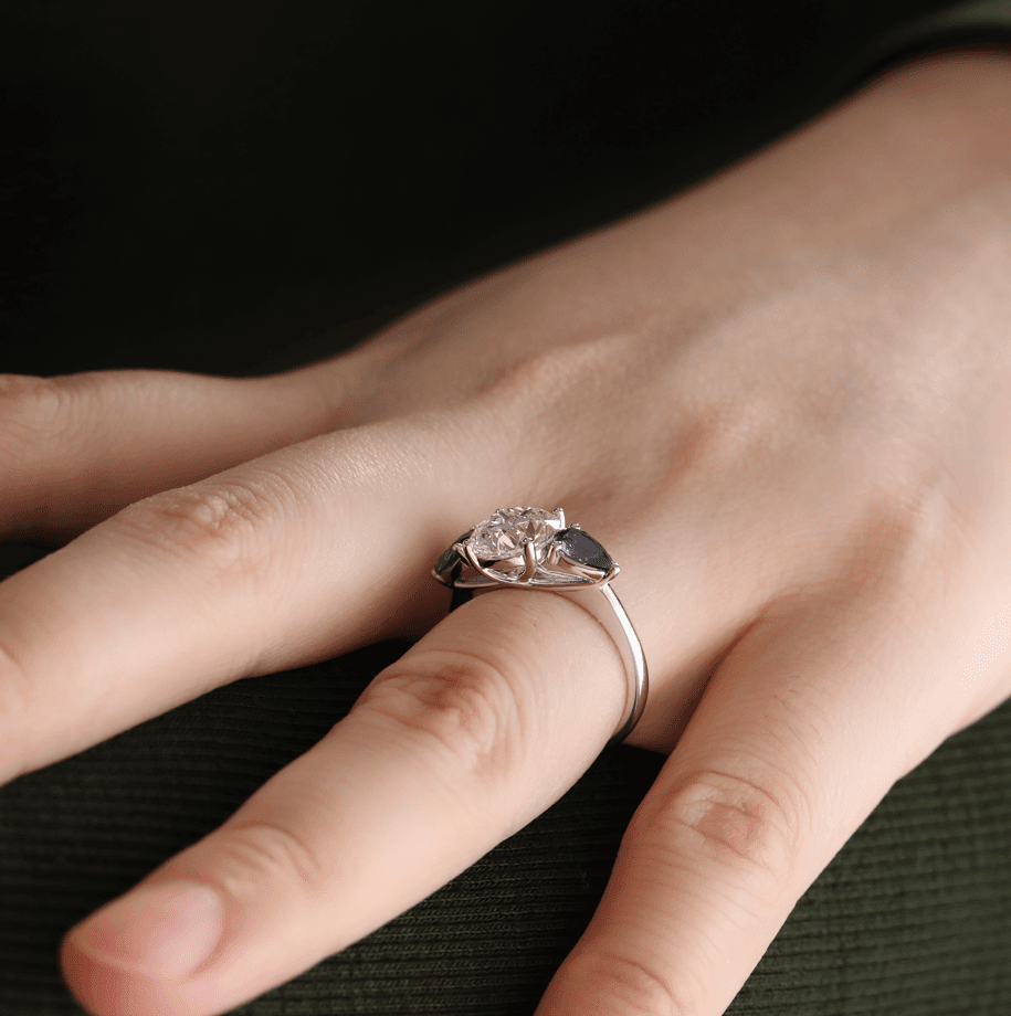 18K White Gold Old European cut Lab Diamond Pear Sapphire Three Stone Ring - FIORESE JEWELRY