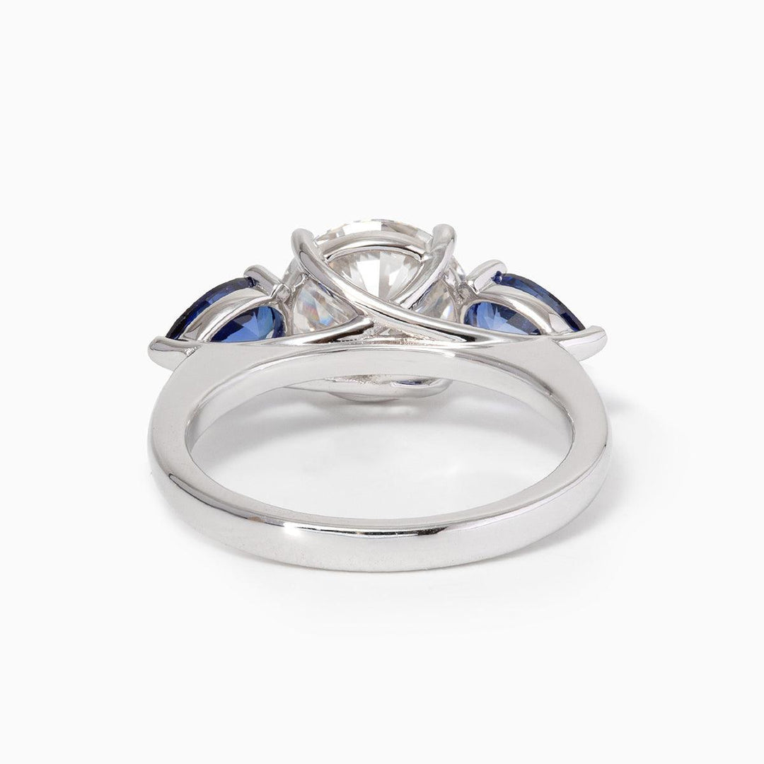 18K White Gold Old European cut Lab Diamond Pear Sapphire Three Stone Ring - FIORESE JEWELRY