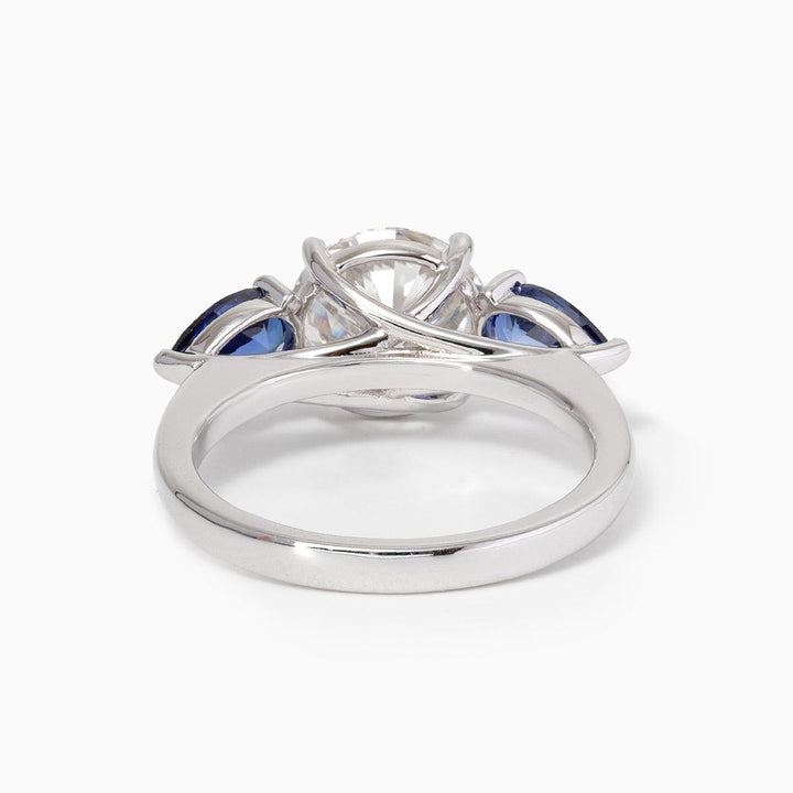 18K White Gold Old European cut Lab Diamond Pear Sapphire Three Stone Ring - FIORESE JEWELRY
