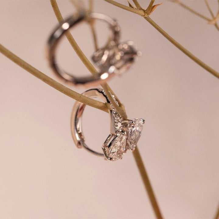 18K White Gold Pear Cut &amp; Round Lab Diamond Huggie Earrings - FIORESE JEWELRY