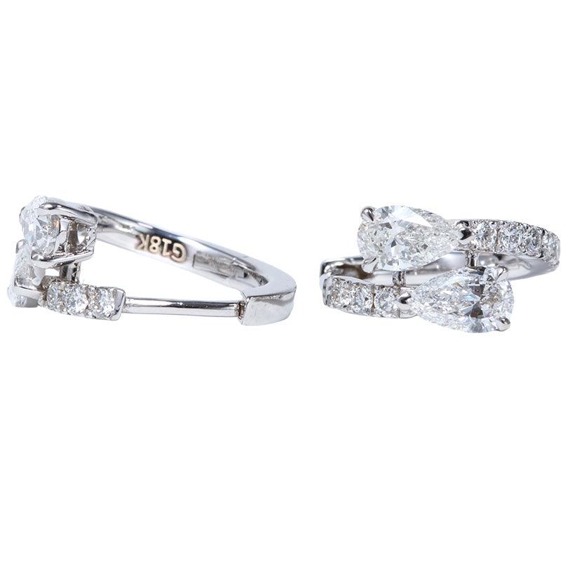 18K White Gold Pear Cut &amp; Round Lab Diamond Huggie Earrings - FIORESE JEWELRY