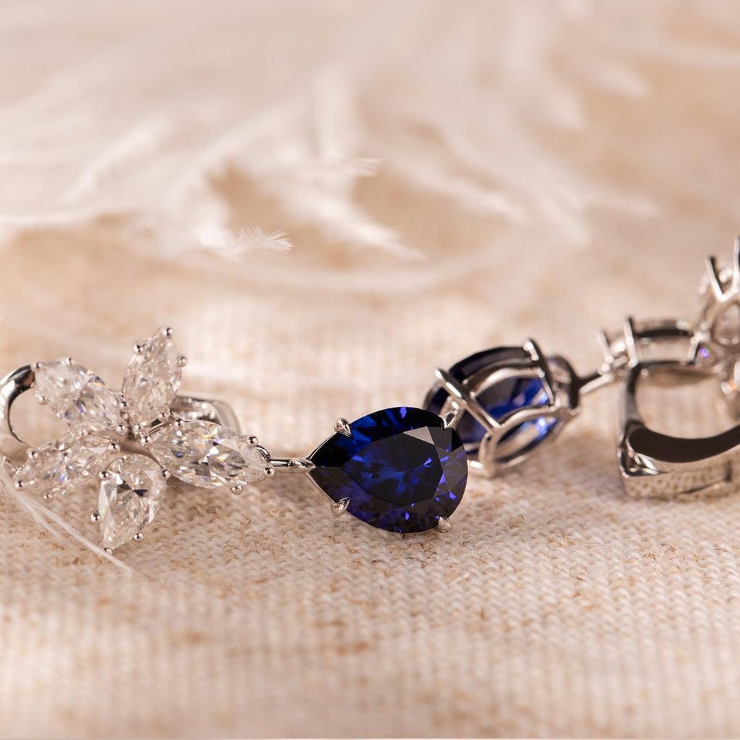 18K White Gold Pear Shaped Sapphire Cluster Lab Diamond Leverback Earrings - FIORESE JEWELRY