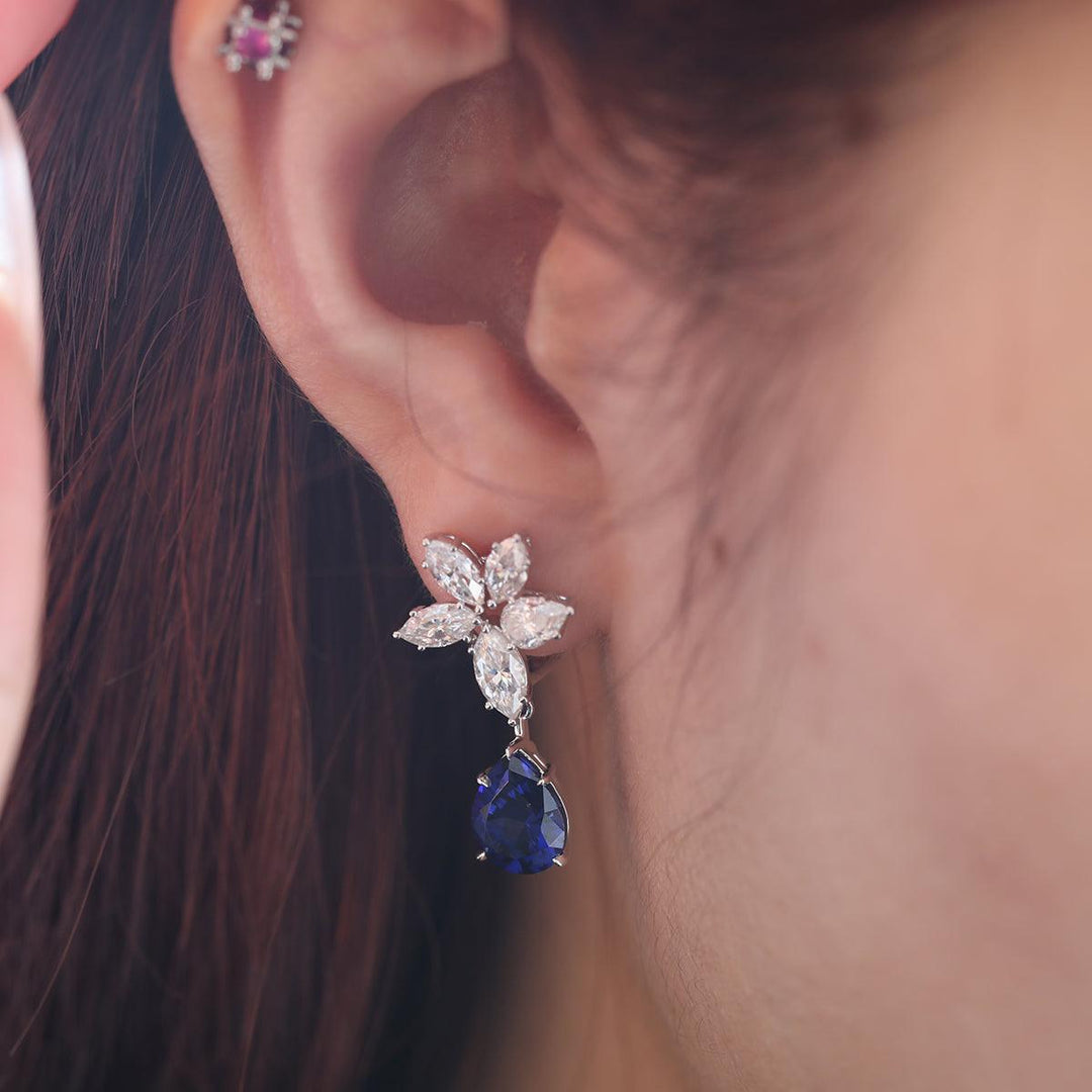 18K White Gold Pear Shaped Sapphire Cluster Lab Diamond Leverback Earrings - FIORESE JEWELRY