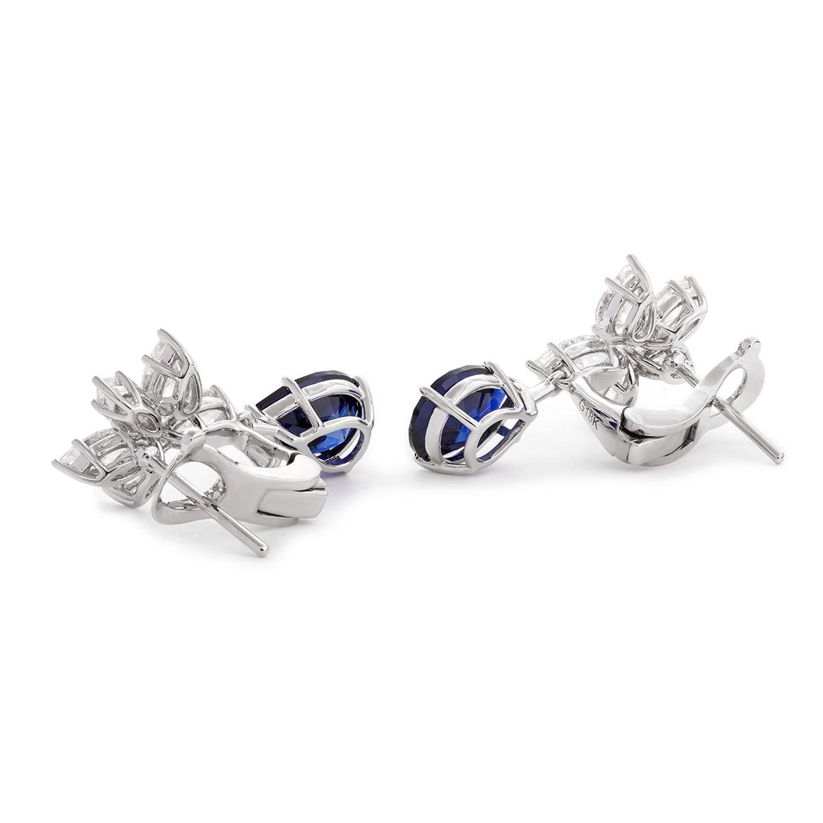 18K White Gold Pear Shaped Sapphire Cluster Lab Diamond Leverback Earrings