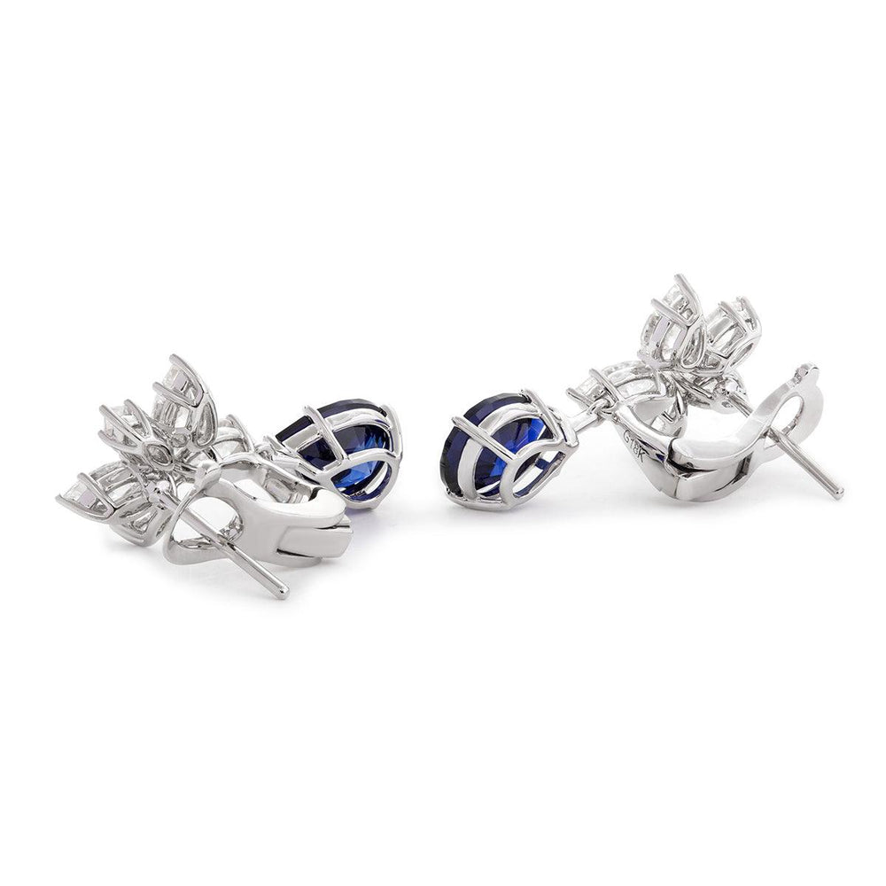 18K White Gold Pear Shaped Sapphire Cluster Lab Diamond Leverback Earrings - FIORESE JEWELRY
